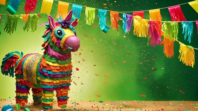 Vibrant donkey pinata with colorful confetti. Traditional Mexican cinco de mayo greeting card