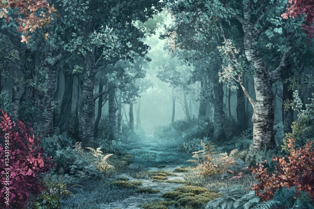 Poster a mystical, fog-laden forest path winds through ancient trees, dappled with sunlight and vibrant und