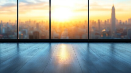 Fototapeta premium A gorgeous defocused image of a sleek, modern office interior with panoramic windows and beautiful lighting