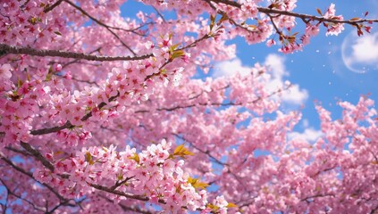 A vibrant scene of pink sakura blossoms in full bloom against a bright blue sky with fluffy white clouds. Petals gently drift through the air, creating a dreamy and tranquil atmosphere