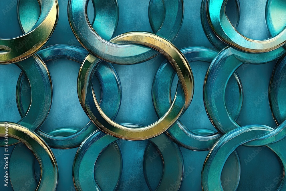 Poster interlocking teal and gold rings create an abstract, metallic pattern.