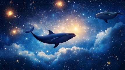 Fototapeta premium A surreal dreamscape with floating whales swimming through a starry sky.