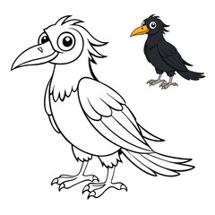 A detailed black raven perched gracefully on a branch, with sharp feathers and intense eyes. Ideal for coloring, capturing the elegance and mystery of this majestic bird.