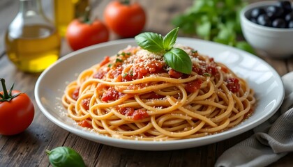 Spaghetti with tomato and mozzarella shot on rustic wooden table