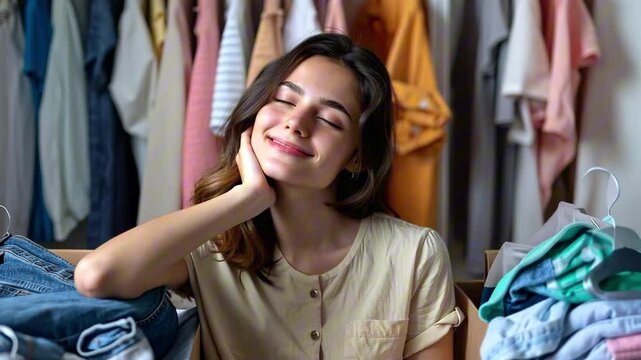 Smiling young woman surrounded by clothes in a closet, looking content and happy with her wardrobe. Concept of decluttering, self-expression and fashion satisfaction