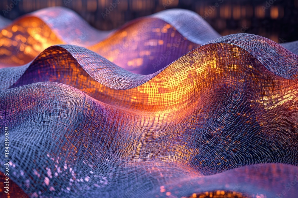 Poster Abstract image of a woven fabric with flowing, wave-like formations illuminated with warm and cool light.