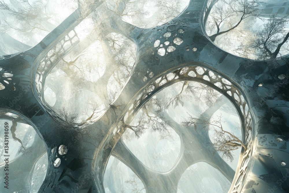 Aufkleber A futuristic bio-structure, seamlessly integrating nature and architecture, bathed in ethereal sunlight.