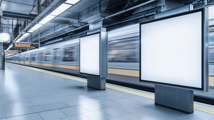 Obraz premium A modern subway station with blank billboards and a passing train in motion.