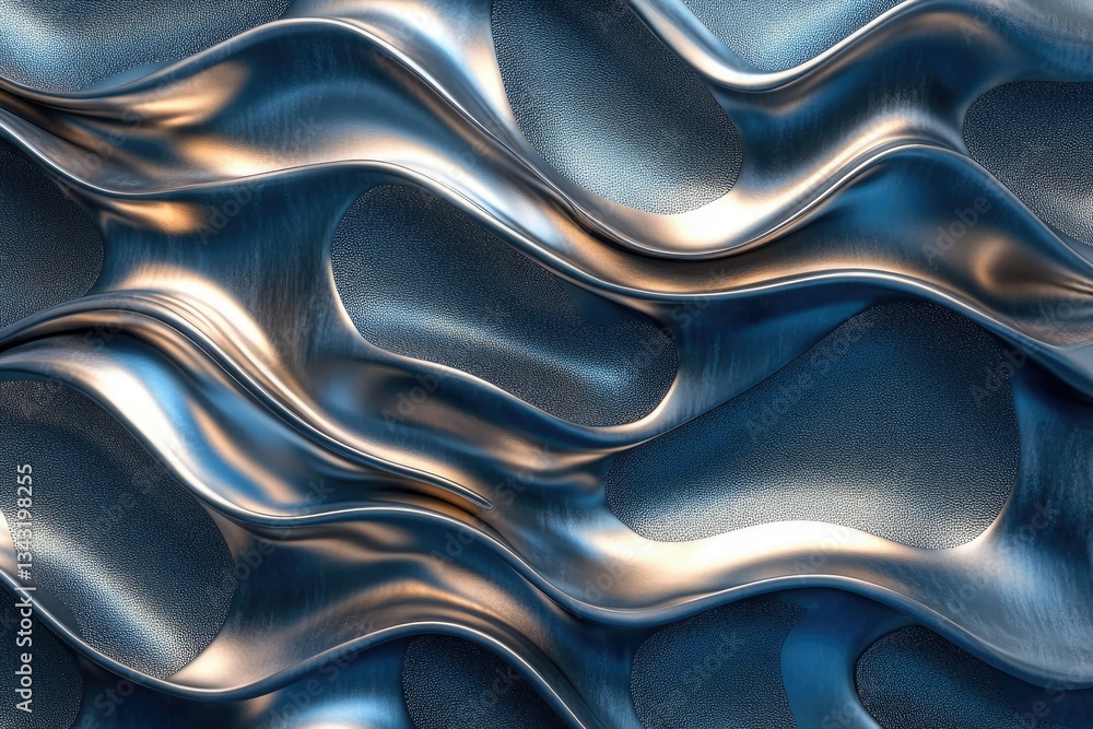 Poster abstract metallic waves, flowing curves and textured surface with a glossy sheen.