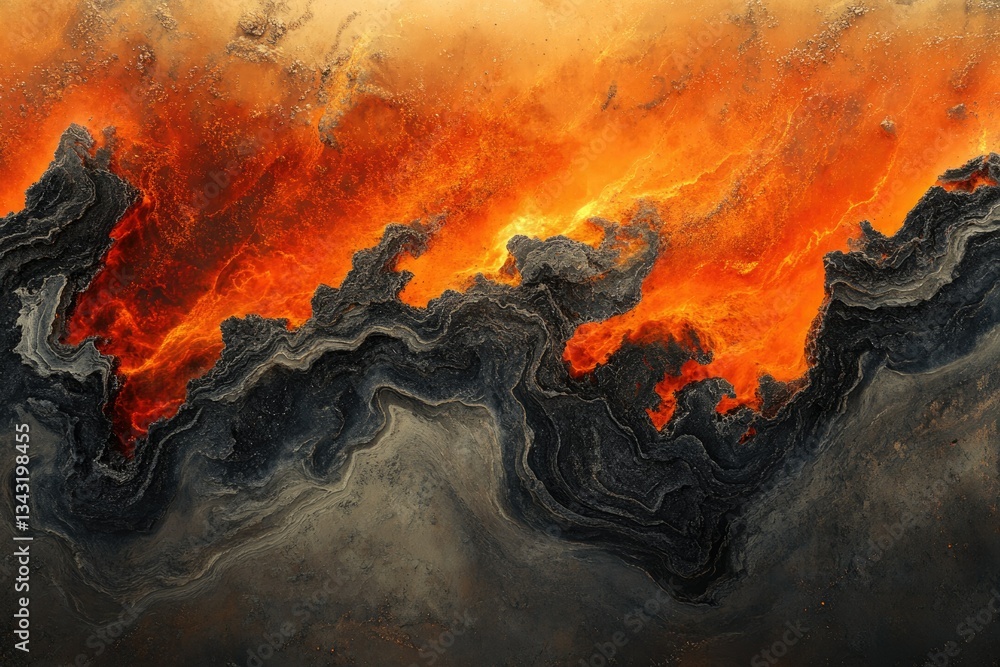 Aufkleber fiery lava flows through a dark, textured landscape, creating a mesmerizing abstract pattern of inte