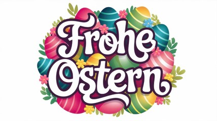 Easter greeting card design, colorful decorated eggs, floral elements, spring celebration, joyful holiday wishes, creative typography, festive atmosphere.