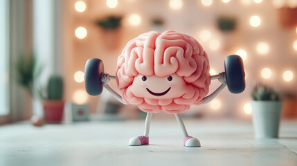 A playful cartoon brain lifting weights, symbolizing mental fitness and strength. concept of brain training and the enhancement of learning