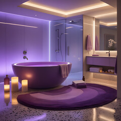 Step into a world of modern luxury with this hyper-realistic 3D-rendered bathroom. This sophisticated and high-end space features a circular bathtub in a rich, elegant hue
