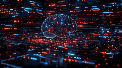Fototapeta premium A digital brain with circuitry floats amid a vibrant backdrop of blue and red data streams, symbolizing artificial intelligence and technology.