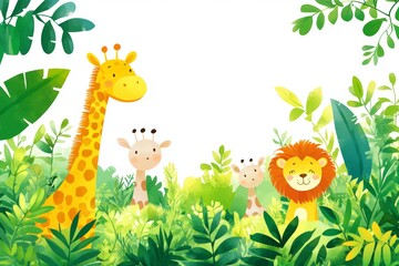 Whimsical safari zoo illustration with a frame of animals, painted in a watercolor style