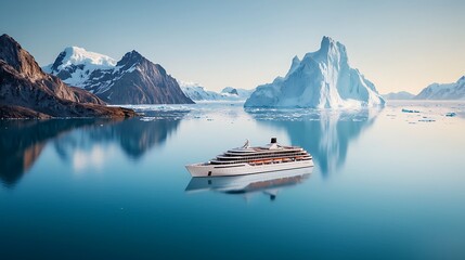 Luxurious cruise ship amidst majestic arctic icebergs. Serene glacial scenery