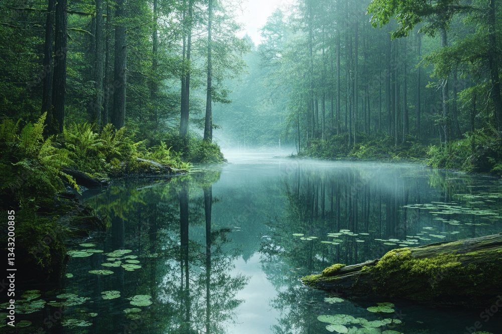 Poster serene misty forest reflecting in a calm lake, creating a tranquil and peaceful atmosphere.