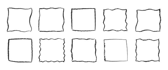 Set of hand drawn outline square frame boxes with crayon, pastel or chalk texture. Grunge doodle shapes. Black wave and curly vector illustration.