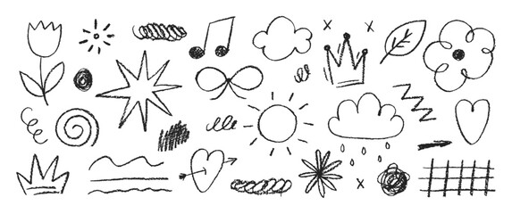 Set of childish elements with crayon texture. Star, music, crown, and flower painted by chalk or pastel. Doodle vector illustration.