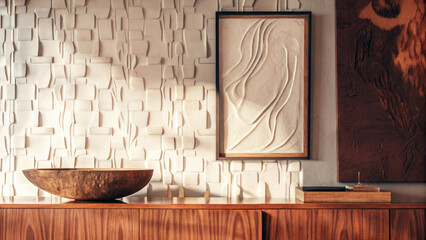 Textured white and brown wall with framed abstract artwork above a wooden table holding a sculpted wooden bowl, creating a refined and artful modern home design with organic elements.