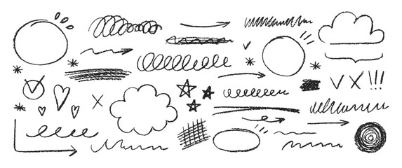 Set of doodle hand drawn elements for text decoration with crayon or pastel texture. Arrows, clouds and bubbles. Chalk vector illustration.