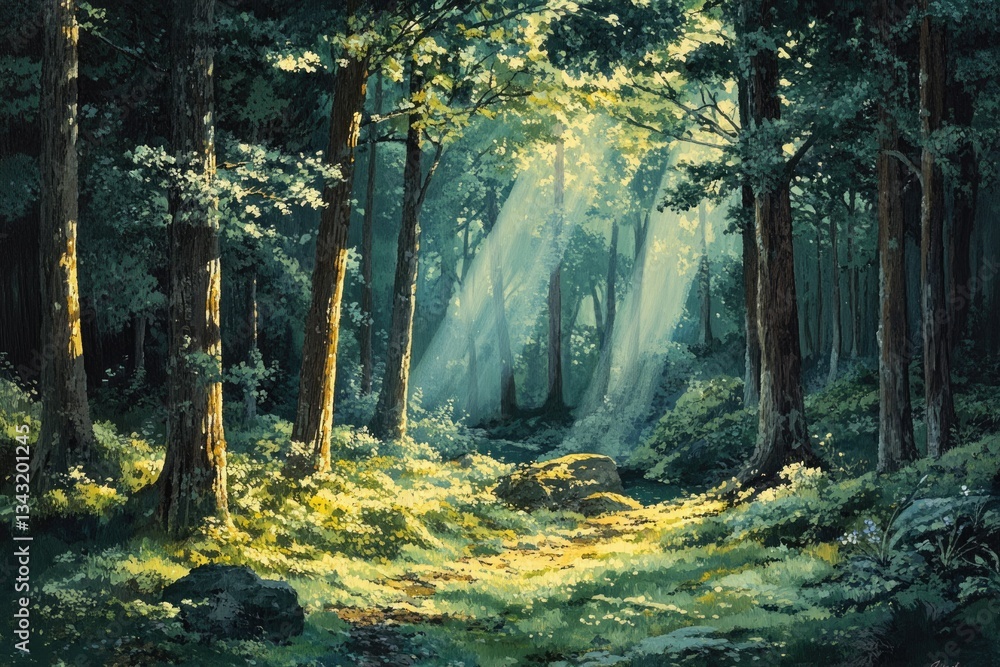 Poster sunbeams pierce a tranquil forest scene, illuminating a mossy path through tall trees.