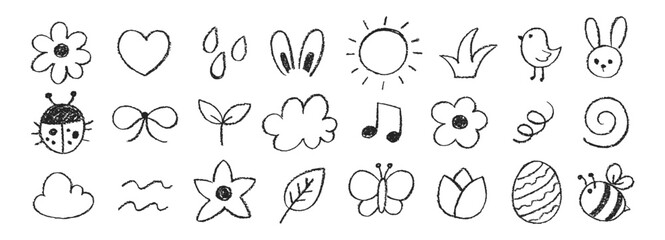 Set of elements of spring with crayon, chalk or pastel texture. Flower, butterfly, egg, bunny illustration painted by pastel or pencil. Doodle vector illustration on a white background.