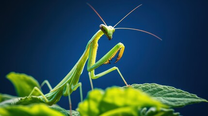 Green mantis on vibrant leaves