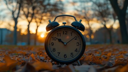A retro alarm clock displayed against an autumn scene, illustrating the progression of time and the shift in seasons
