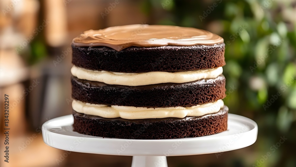 Aufkleber a three-layer chocolate cake with creamy filling in between and a smooth chocolate frosting on top. 
