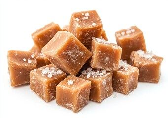 A pair of salty or salted caramel candy cubes, drizzled with caramel sauce and sprinkled with sea salt, on a white backdrop