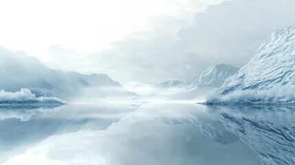 Serene Mountain and Lake Reflections in Soft Pastel and Blue Hues
