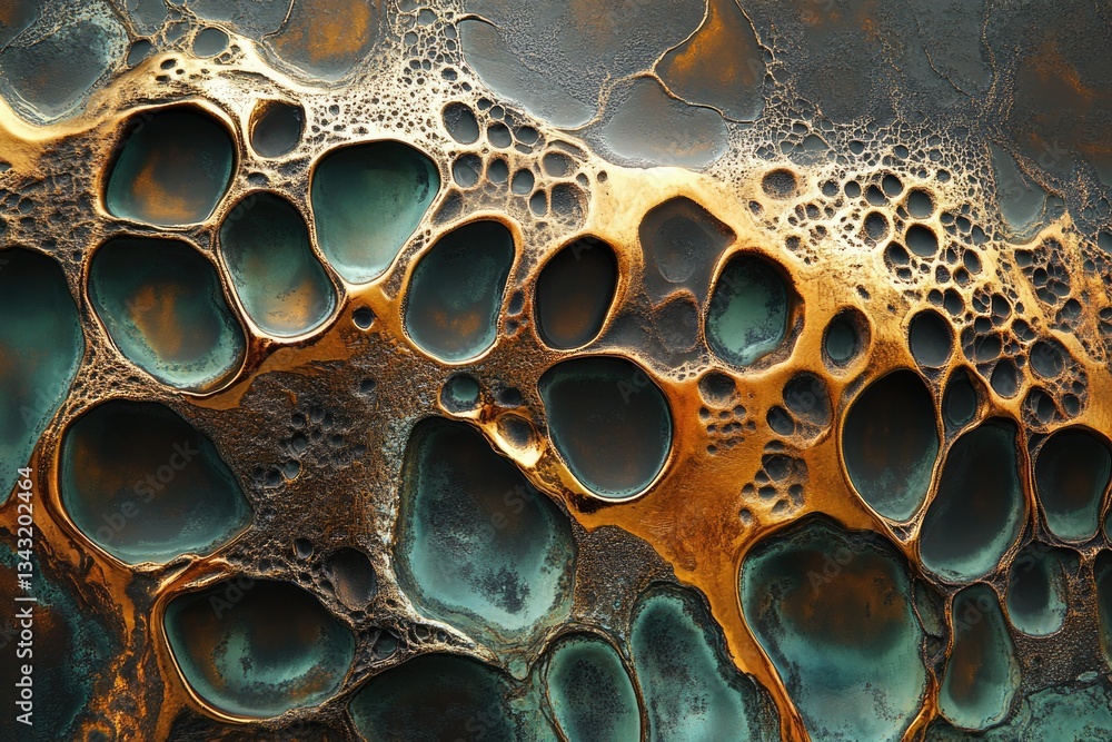 Poster abstract metallic texture with teal and gold organic shapes, resembling a microscopic view or molten