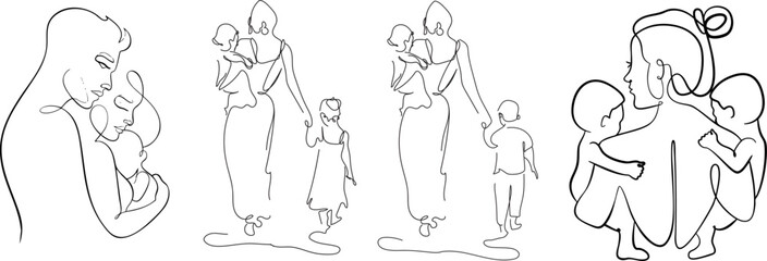 Minimalist line art of family moments featuring baby, mother, and father in loving poses – perfect for nursery decor and parenting themes, wall decor