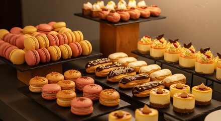 A dessert station with macarons, éclairs, and mini cheesecakes.