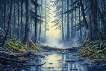 Obraz premium Serene morning mist shrouds a tranquil forest stream, sunlight filtering through towering trees.