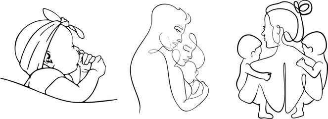 Minimalist line art of family moments featuring baby, mother, and father in loving poses – perfect for nursery decor and parenting themes, wall decor