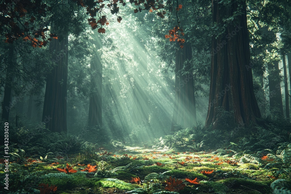 Poster sunbeams pierce a mystical, mossy forest, illuminating a path through ancient trees and fallen leave