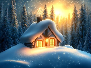 Fototapeta premium Cozy snow-covered cabin in a winter wonderland