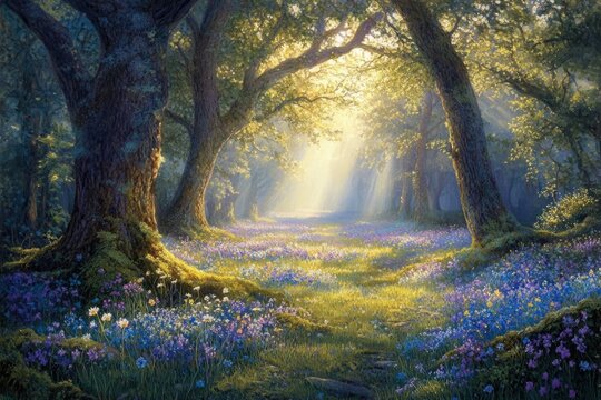 Sunlit forest path, vibrant wildflowers carpet the ground, ancient trees cast shadows, peaceful enchanting scene.