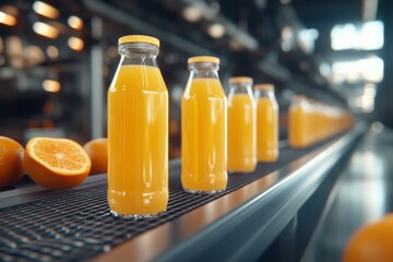 Dynamic orange juice bottles rolling on a conveyor belt in a manufacturing plant