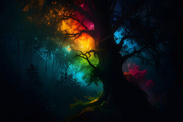 Dark Tree Blending with Colorful Background in Double Exposure