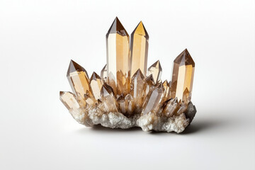 An elegant quartz cluster showcasing stunning golden hues and sharp, pointed crystals. isolated on white background.