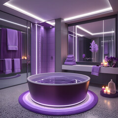 Step into a world of modern luxury with this hyper-realistic 3D-rendered bathroom. This sophisticated and high-end space features a circular bathtub in a rich, elegant hue