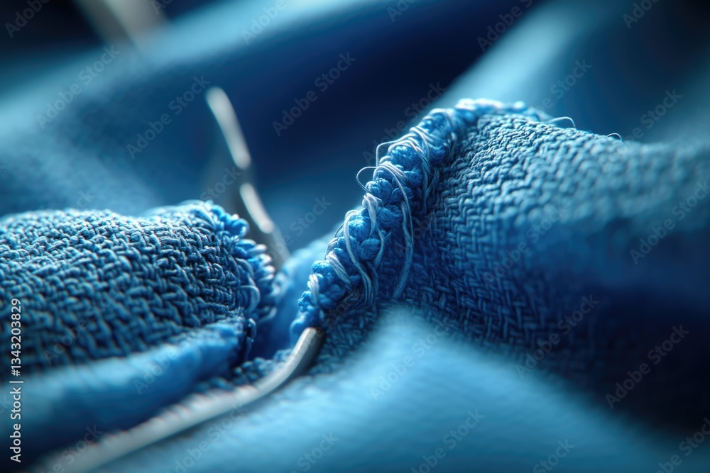 Poster close-up of frayed blue fabric, showing texture and detail of unraveling threads.