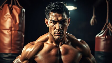 Muscular man in gym with boxing bags