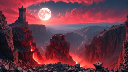 Tower of Crimson Moon: A Dramatic Scene of a Dark Tower Against a Red Sky and Full Moon. Crimson Moon Citadel. Tower of Red Twilight. A Fortress Under the Crimson Moon. 2