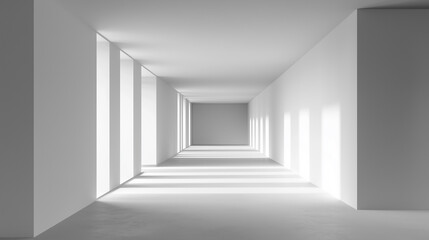 Fototapeta premium Abstract white architectural corridor, light and shadow play, minimalist design