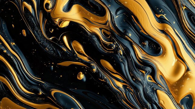 A dynamic liquid art piece where deep black and shimmering gold blend beautifully, evoking opulence