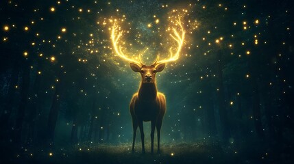 A mystical deer with glowing antlers standing in the middle of an enchanted glade.